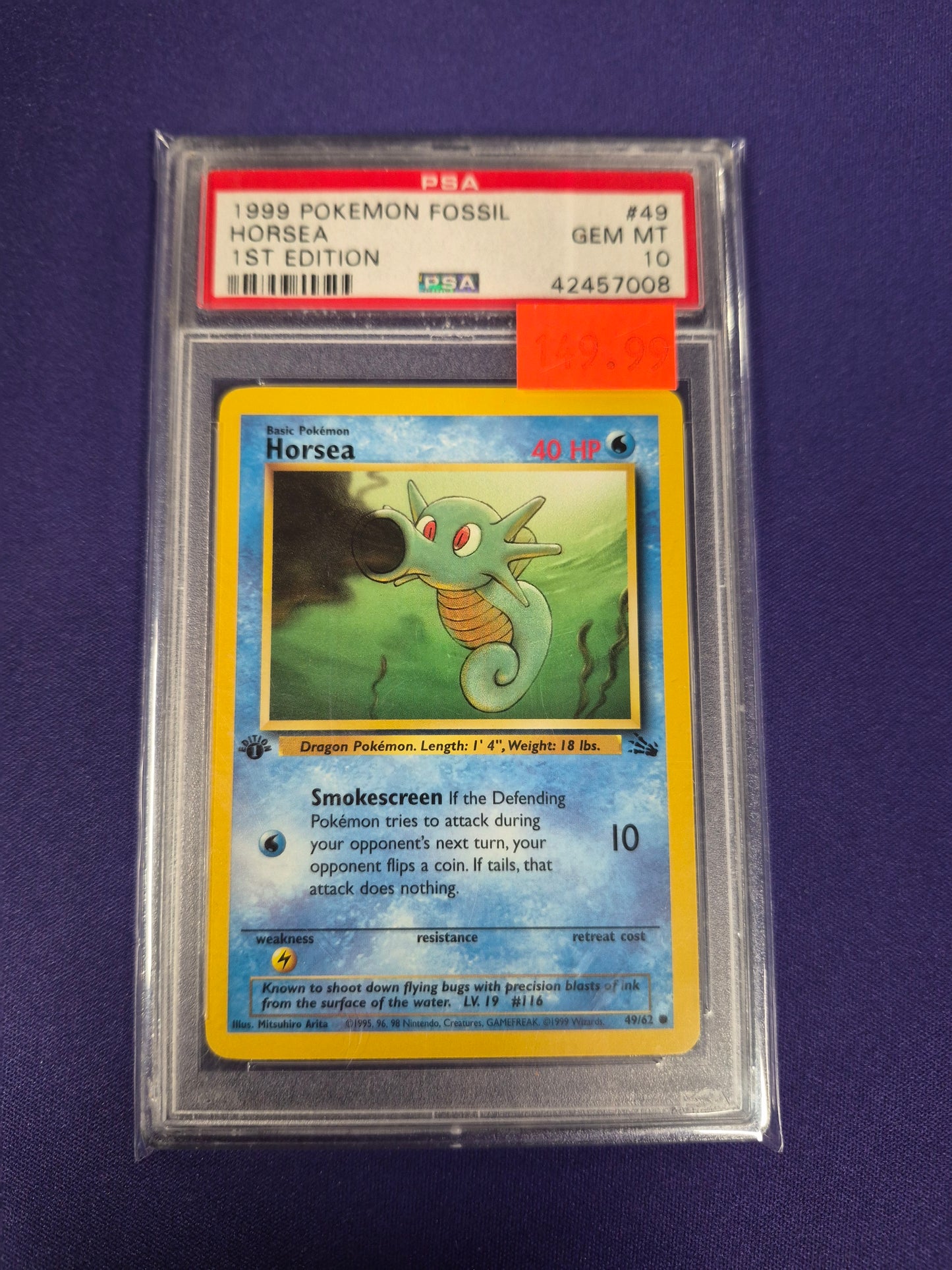 1999 POKEMON FOSSIL #49 HORSEA 1ST EDITION PSA 10
