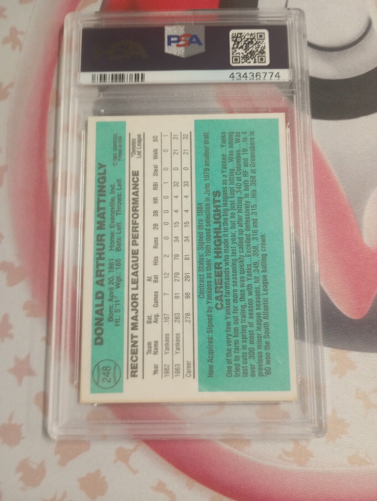 1984 Donruss #248 Don Mattingly RC Rookie Yankees PSA 8 NM-MT