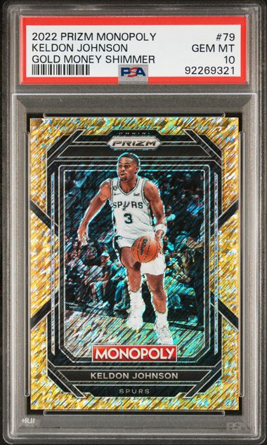 2022 PANINI PRIZM MONOPOLY #79 KELDON JOHNSON GOLD MONEY /500 SHIMMER PSA 10