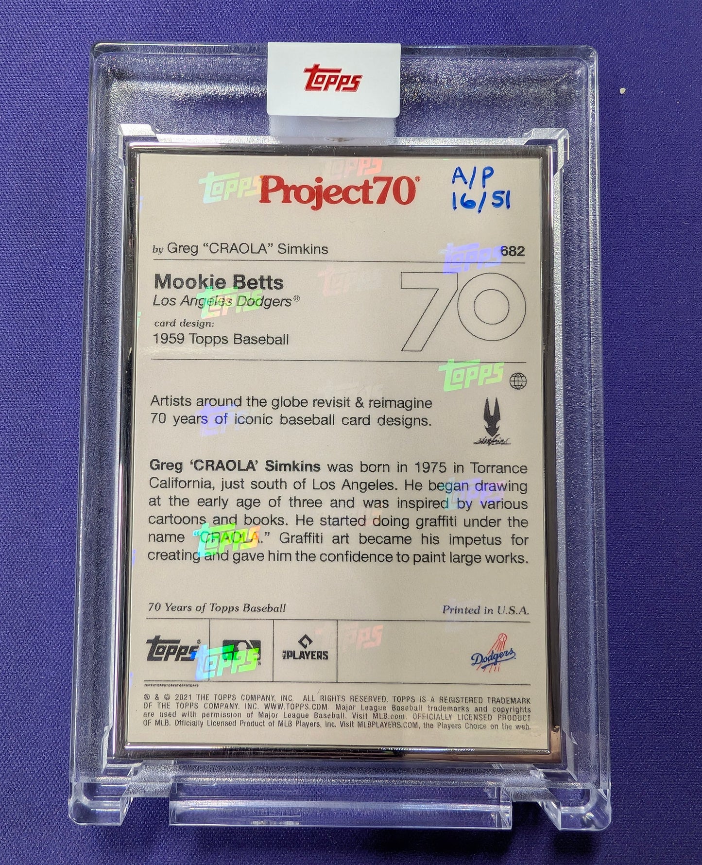 Mookie Betts 2021 Topps Project 70 Greg Simkins Artists Proof 16/51 Hand- Serialized