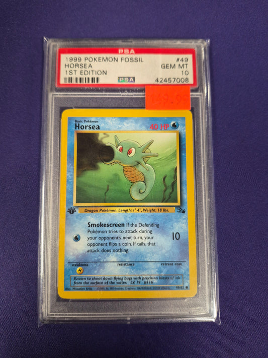 1999 POKEMON FOSSIL #49 HORSEA 1ST EDITION PSA 10