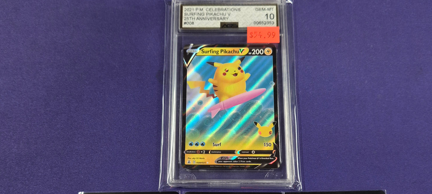 Surfing Pikachu V 25th Anniversary #008 AGS 10